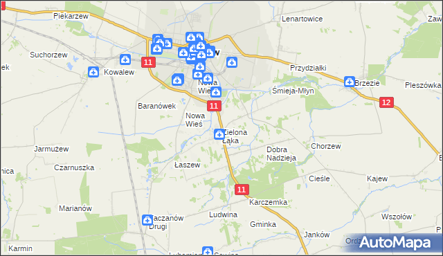 mapa Zielona Łąka gmina Pleszew, Zielona Łąka gmina Pleszew na mapie Targeo