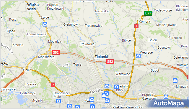 mapa Zielonki powiat krakowski, Zielonki powiat krakowski na mapie Targeo