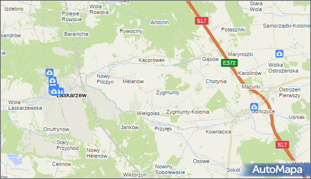 mapa Zygmunty gmina Łaskarzew, Zygmunty gmina Łaskarzew na mapie Targeo