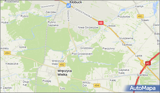 mapa Grodzisko gmina Wręczyca Wielka, Grodzisko gmina Wręczyca Wielka na mapie Targeo