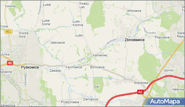 mapa Kamieniec gmina Zbrosławice, Kamieniec gmina Zbrosławice na mapie Targeo