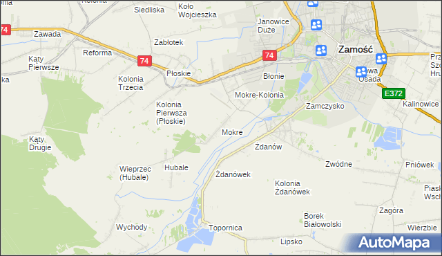 mapa Mokre gmina Zamość, Mokre gmina Zamość na mapie Targeo