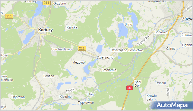 mapa Dzierżążno gmina Kartuzy, Dzierżążno gmina Kartuzy na mapie Targeo