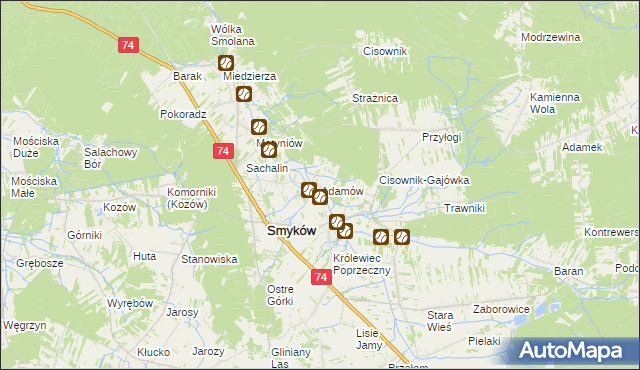 mapa Adamów gmina Smyków, Adamów gmina Smyków na mapie Targeo