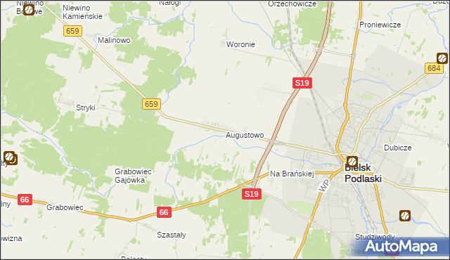 mapa Augustowo gmina Bielsk Podlaski, Augustowo gmina Bielsk Podlaski na mapie Targeo