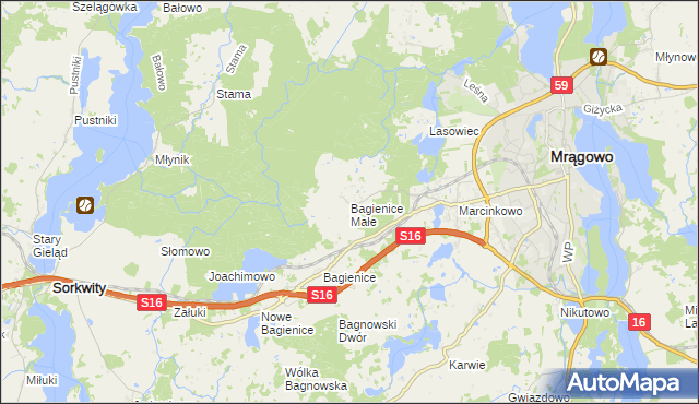 mapa Bagienice Małe gmina Mrągowo, Bagienice Małe gmina Mrągowo na mapie Targeo