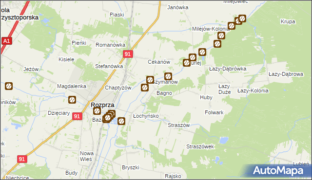 mapa Bagno gmina Rozprza, Bagno gmina Rozprza na mapie Targeo