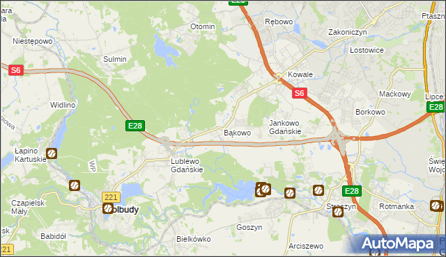 mapa Bąkowo gmina Kolbudy, Bąkowo gmina Kolbudy na mapie Targeo