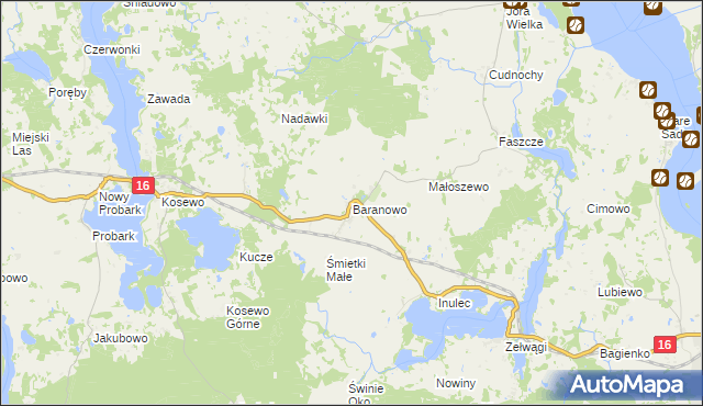 mapa Baranowo gmina Mikołajki, Baranowo gmina Mikołajki na mapie Targeo