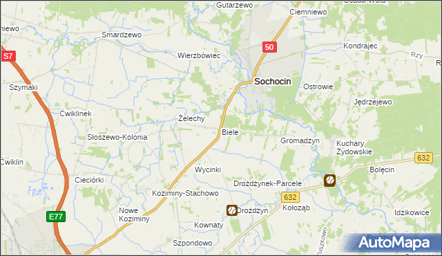 mapa Biele gmina Sochocin, Biele gmina Sochocin na mapie Targeo
