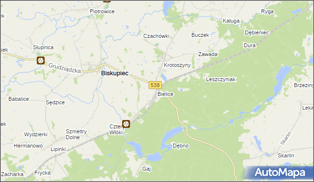 mapa Bielice gmina Biskupiec, Bielice gmina Biskupiec na mapie Targeo