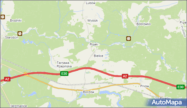 mapa Bielice gmina Torzym, Bielice gmina Torzym na mapie Targeo