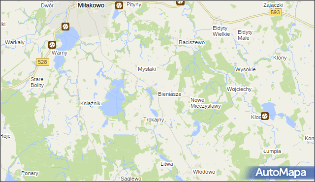 mapa Bieniasze gmina Miłakowo, Bieniasze gmina Miłakowo na mapie Targeo