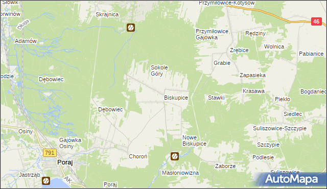 mapa Biskupice gmina Olsztyn, Biskupice gmina Olsztyn na mapie Targeo