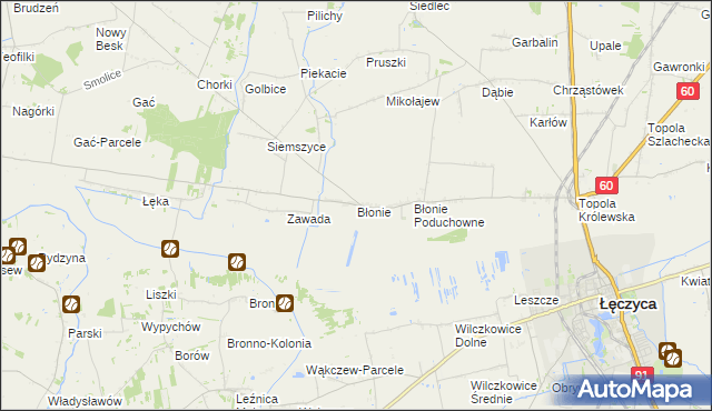 mapa Błonie gmina Łęczyca, Błonie gmina Łęczyca na mapie Targeo