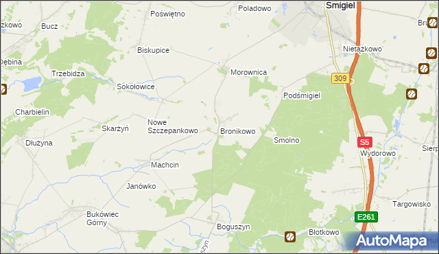 mapa Bronikowo gmina Śmigiel, Bronikowo gmina Śmigiel na mapie Targeo