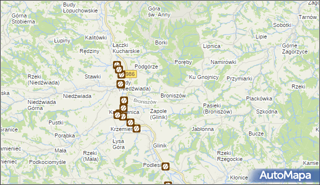 mapa Broniszów gmina Wielopole Skrzyńskie, Broniszów gmina Wielopole Skrzyńskie na mapie Targeo