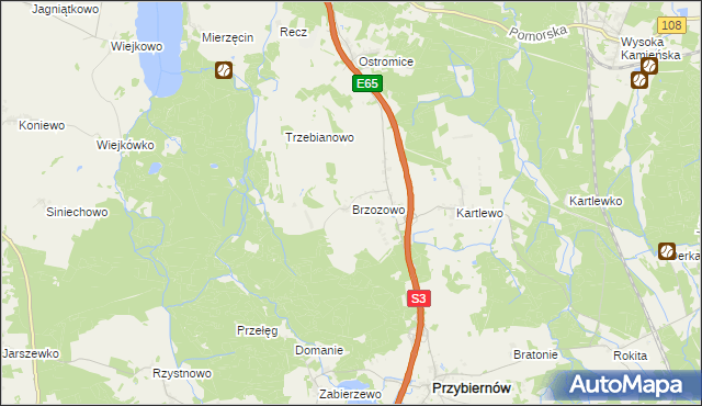 mapa Brzozowo gmina Przybiernów, Brzozowo gmina Przybiernów na mapie Targeo