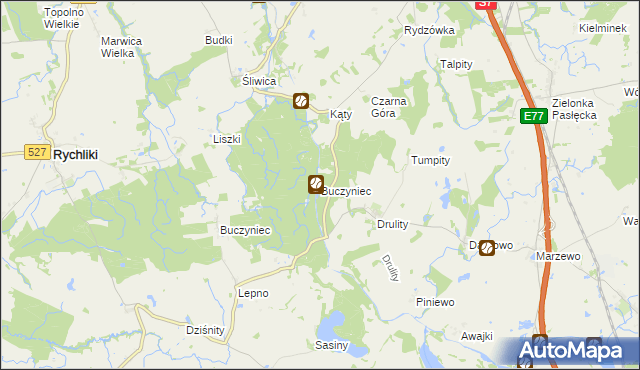 mapa Buczyniec gmina Pasłęk, Buczyniec gmina Pasłęk na mapie Targeo