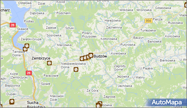 mapa Budzów powiat suski, Budzów powiat suski na mapie Targeo