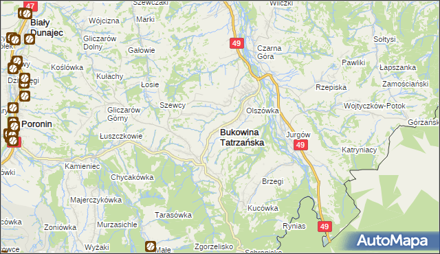 mapa Bukowina Tatrzańska, Bukowina Tatrzańska na mapie Targeo