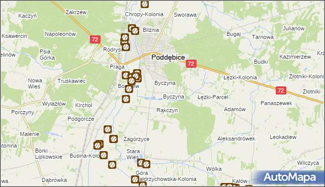 mapa Byczyna gmina Poddębice, Byczyna gmina Poddębice na mapie Targeo