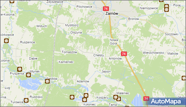 mapa Chełsty gmina Żarnów, Chełsty gmina Żarnów na mapie Targeo