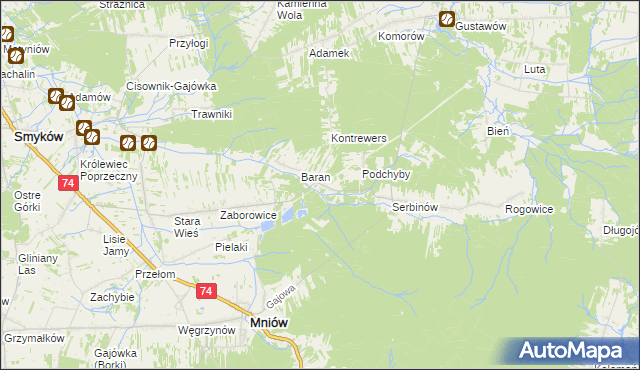 mapa Chyby gmina Mniów, Chyby gmina Mniów na mapie Targeo