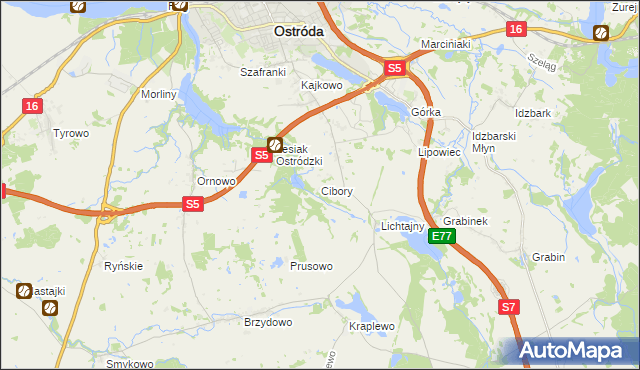 mapa Cibory gmina Ostróda, Cibory gmina Ostróda na mapie Targeo