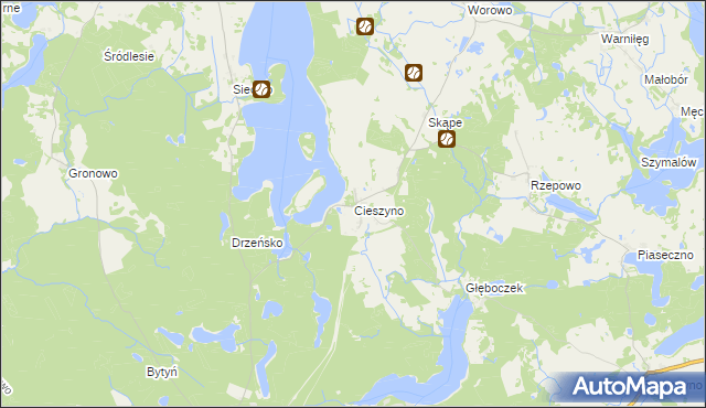 mapa Cieszyno gmina Złocieniec, Cieszyno gmina Złocieniec na mapie Targeo