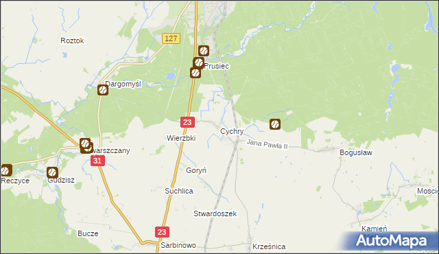 mapa Cychry gmina Dębno, Cychry gmina Dębno na mapie Targeo