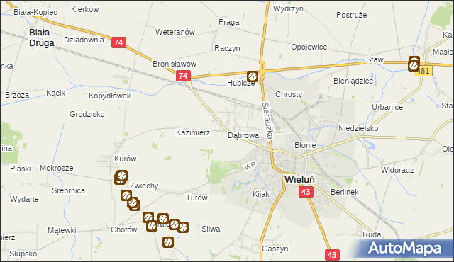 mapa Dąbrowa gmina Wieluń, Dąbrowa gmina Wieluń na mapie Targeo