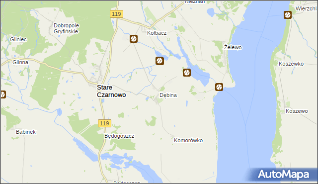 mapa Dębina gmina Stare Czarnowo, Dębina gmina Stare Czarnowo na mapie Targeo