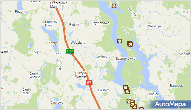 mapa Dziśnity gmina Małdyty, Dziśnity gmina Małdyty na mapie Targeo