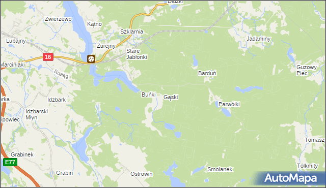 mapa Gąski gmina Ostróda, Gąski gmina Ostróda na mapie Targeo