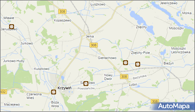 mapa Gierłachowo gmina Krzywiń, Gierłachowo gmina Krzywiń na mapie Targeo