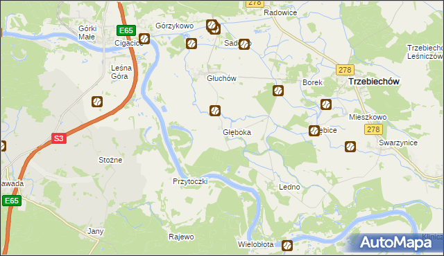 mapa Głęboka gmina Trzebiechów, Głęboka gmina Trzebiechów na mapie Targeo