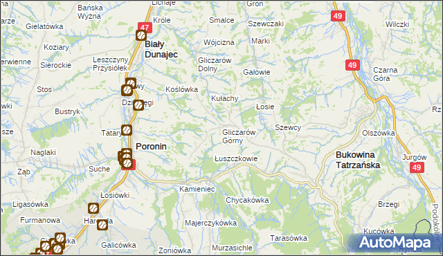 mapa Gliczarów Górny, Gliczarów Górny na mapie Targeo