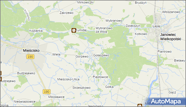 mapa Gołaszewo gmina Mieścisko, Gołaszewo gmina Mieścisko na mapie Targeo