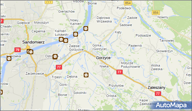 mapa Gorzyce powiat tarnobrzeski, Gorzyce powiat tarnobrzeski na mapie Targeo