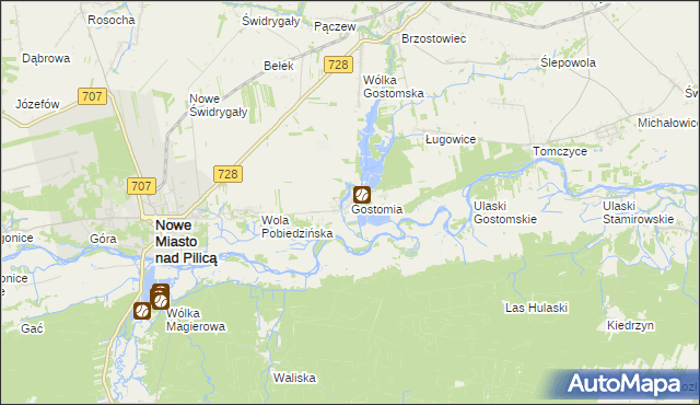 mapa Gostomia gmina Nowe Miasto nad Pilicą, Gostomia gmina Nowe Miasto nad Pilicą na mapie Targeo