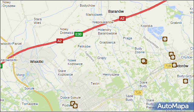 mapa Grądy gmina Jaktorów, Grądy gmina Jaktorów na mapie Targeo