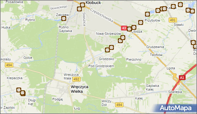 mapa Grodzisko gmina Wręczyca Wielka, Grodzisko gmina Wręczyca Wielka na mapie Targeo