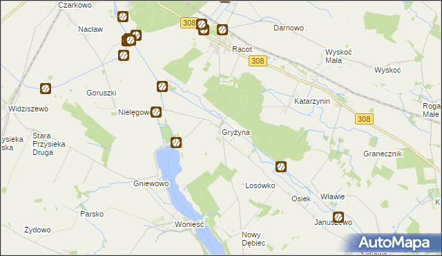 mapa Gryżyna gmina Kościan, Gryżyna gmina Kościan na mapie Targeo