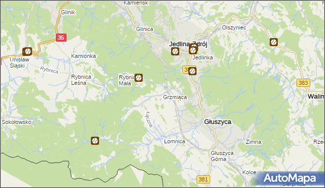 mapa Grzmiąca gmina Głuszyca, Grzmiąca gmina Głuszyca na mapie Targeo