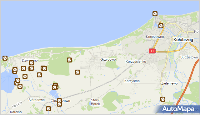 mapa Grzybowo gmina Kołobrzeg, Grzybowo gmina Kołobrzeg na mapie Targeo