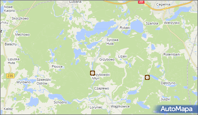 mapa Grzybowo gmina Kościerzyna, Grzybowo gmina Kościerzyna na mapie Targeo