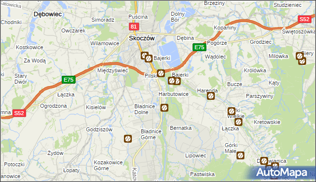 mapa Harbutowice gmina Skoczów, Harbutowice gmina Skoczów na mapie Targeo