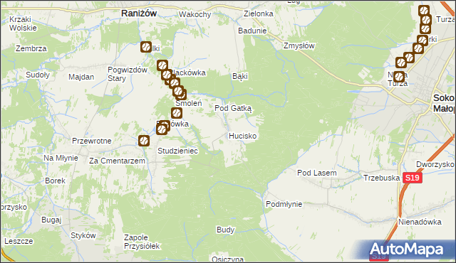 mapa Hucisko gmina Głogów Małopolski, Hucisko gmina Głogów Małopolski na mapie Targeo