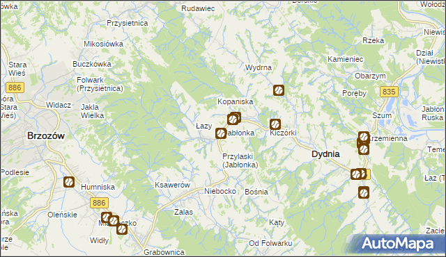 mapa Jabłonka gmina Dydnia, Jabłonka gmina Dydnia na mapie Targeo